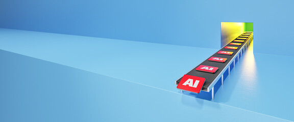 AI chip hype concept, GPU. Red microchips with AI printed on falling off a production line. Web banner format with copy space to the left. 3d render
