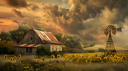 A serene countryside with a rustic windmill overlooking fields of sunflowers