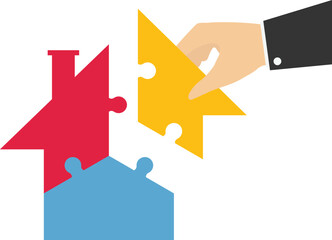 Hands putting puzzle pieces. House loan and business concept.

