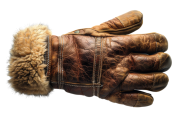 Vintage brown leather glove with fur-lined cuff isolated on white background, showcasing texture and detail, perfect for winter fashion.