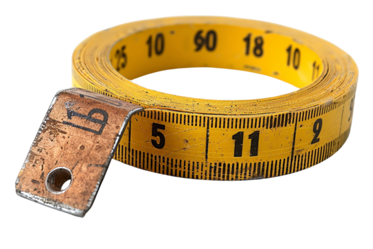 Close-up image of a yellow measuring tape coiled, displaying centimeter and inch markings, used for measurement in various tasks.