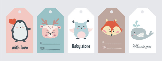 Obraz premium Cute gift tags with animals and handwritten letterings. Set of tag and label vector templates. Hand drawn funny characters for children's birthday gift, sales, kids clothes, baby shower