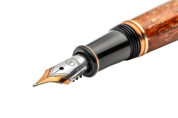 Close-up of an elegant fountain pen with a wooden handle isolated on a white background, showcasing its craftsmanship.