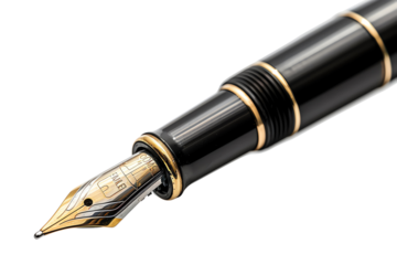 Close-up of an elegant black and gold fountain pen, showcasing fine craftsmanship and luxurious design, perfect for writing enthusiasts.