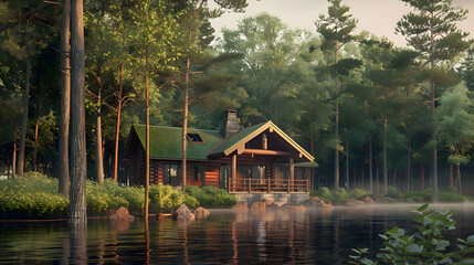 A serene lakeside cabin nestled among towering pine trees