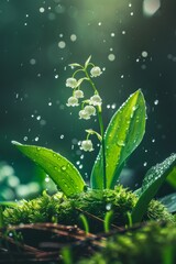 A lily of the valley grows on moss with green leaves and a green background. Water droplets fall from above. It is photographed with high definition macro photography. White small flowers bloom in the