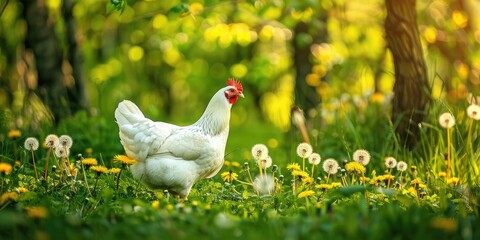 Fototapeta premium Free-Range Chicken in Vibrant Flower Garden