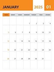 January 2025 template, Calendar 2025 template vector, planner monthly design, desk calendar 2025, wall calendar design, minimal style, advertisement, poster, orange printing media, simple vector