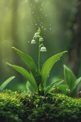 Obraz premium A lily of the valley grows on moss with green leaves and a green background. Water droplets fall from above. It is photographed with high definition macro photography. White small flowers bloom in the