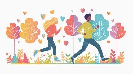 Two people running in a park with trees and flowers