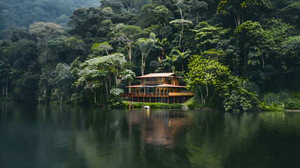 A serene lakeside retreat surrounded by lush greenery