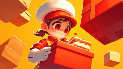 An adorable cartoon character in the form of a red gift box is all set with the menu eager to serve you