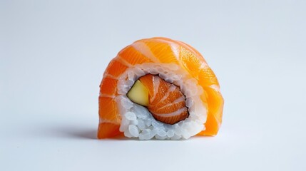 Minimalistic Japanese Aesthetic: Close-Up of Salmon Nigiri Sushi Roll on White Background in Photorealistic Style