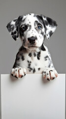 A cute Dalmatian puppy dog with a whiteboard in the grey studio wallpaper background, in a happy and playful mood, ダルメシアン
