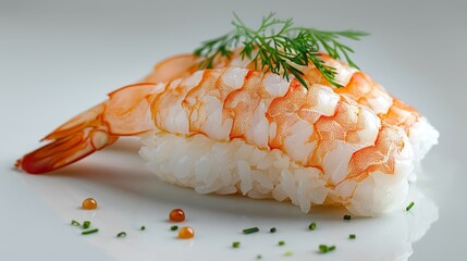 Exquisite Shrimp Nigiri Sushi Piece in Close-Up Front View on White Background - High Quality Photorealism with Canon EOS K5 85mm Lens