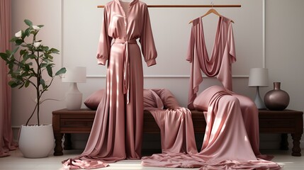  Three pink robes hanging on a wooden bench.