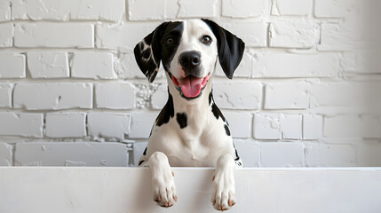 A cute Dalmatian puppy dog with a whiteboard in the blnk white bricks wallpaper background, in a happy and playful mood, Adorable Pet Photo with copy space