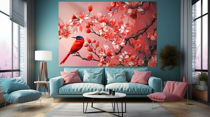 A cozy living room with a colorful bird perched on a tree branch, adding a touch of nature to the space.