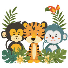 Naklejka premium Cartoon Jungle Animals with Tiger and Monkeys 