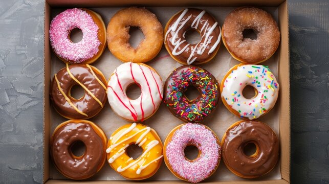 Overhead view of donuts in cardboard box. generative ai