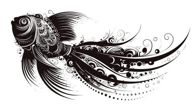 recommend clip art: An intricate black silhouette of a goldfish adorns the Ethnic Indian Symbol Mandala combining elements of elegance and cultural richness in a striking black and white design