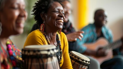 Fototapeta premium Empowerment through music therapy, showcasing diverse individuals finding healing and connection through music, in a supportive group session or community cente