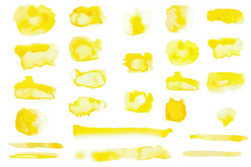 Yellow, gold watercolor abstract set background, splash, stain, paint brush design element. Aquarelle hand drawn paper texture, liquid colour. Colourful texture, wash.