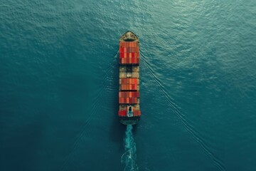 Aerial view of container ship carrying cargo for import/export on the open sea.