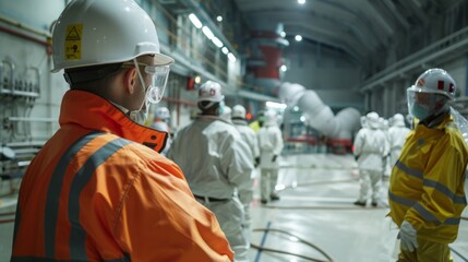 An emergency response drill at a nuclear power plant, with personnel and equipment ready for action, in a realistic, action-oriented scene. --ar 16:9 --style raw 