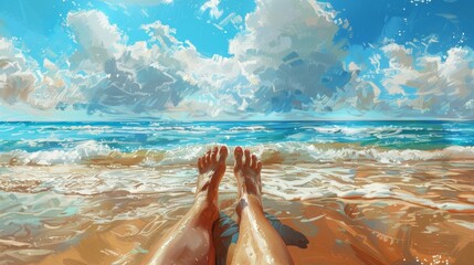 A woman's feet are in the ocean, with the water splashing up around her toes - Powered by Adobe