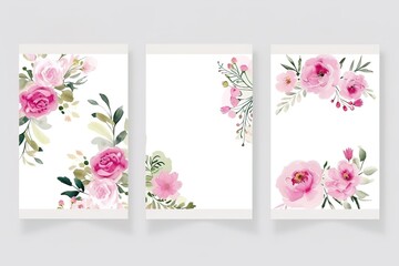 Pre made templates collection, frame - cards with pink flower bouquets, leaf branches