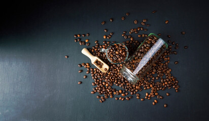 Morning coffee. spiced coffee. Winter hot drink. Scattered coffee consumers on a dark table. Top view, flat lay.