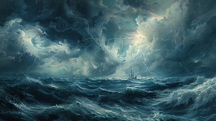 A dramatic thunderstorm brewing over a choppy sea generated by AI