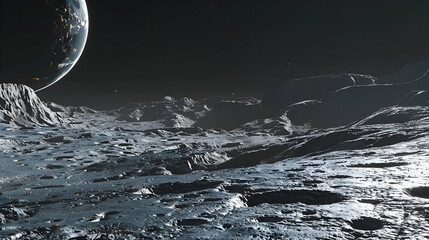 A surreal lunar landscape with towering craters and a distant Earth