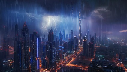 Fototapeta premium Thunderstorm and Lightning in Urban Skyline