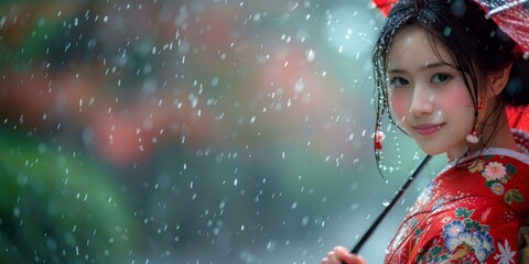 Portrait of a beautiful Asian woman in traditional Japanese kimono holding an umbrella in the rain