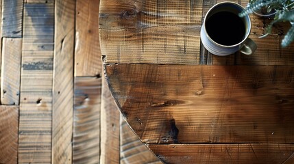 Top view of a frothy cup of coffee on a rustic wooden table with distinctive wood grain patterns and warm tones.
