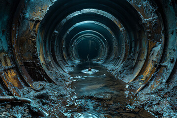 Fototapeta premium Rusty pipes line a dark and decaying underground sewer tunnel, water trickling through the damp environment