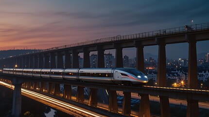 high-speed train is passing over a bridge at sunset