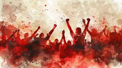watercolor illustration of excited emotional crowd of sport fans cheering and screaming on match at stadium, the fans wearing red t-shirt generative AI