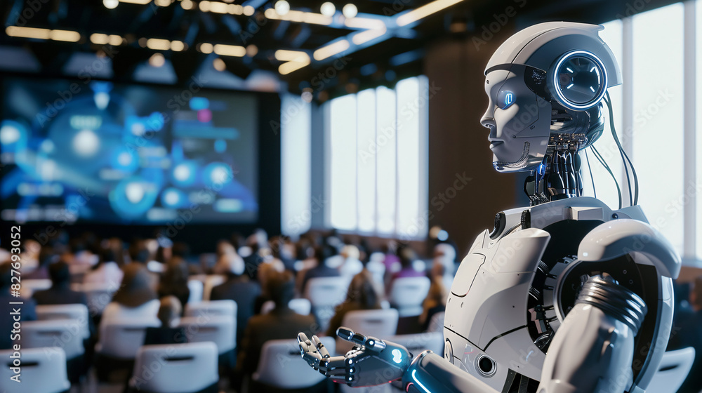 Aufkleber ai robot speaker at tech conference. advanced humanoid robot speaking to audience at tech conference