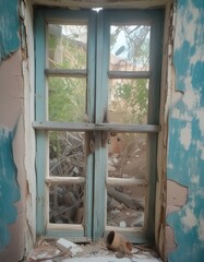 old abandoned house window, wooden Old  window