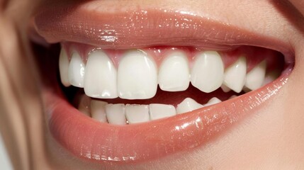 Close-up of a woman's smiling mouth with healthy white teeth and pink lips