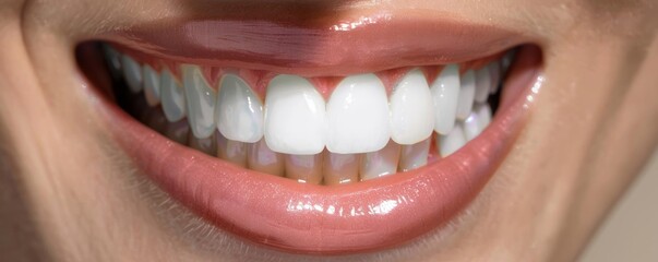 Obraz premium Close-up of a woman's smile with healthy white teeth and pink lips