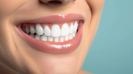 Obraz premium Close-up of a woman's smile with healthy white teeth and pink lips