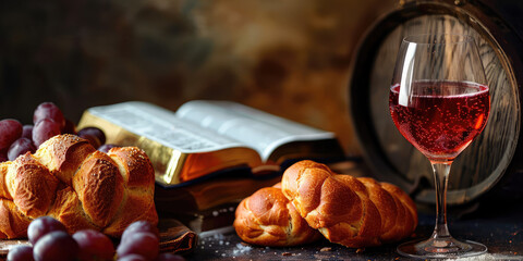 Naklejka premium Eucharistic symbols. Composition of Lord's supper symbols: Bible, wine glass, bread on the table background. 