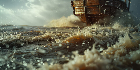 Noah's Ark amidst pouring rain during the flood in sea water with waves and splashes. 