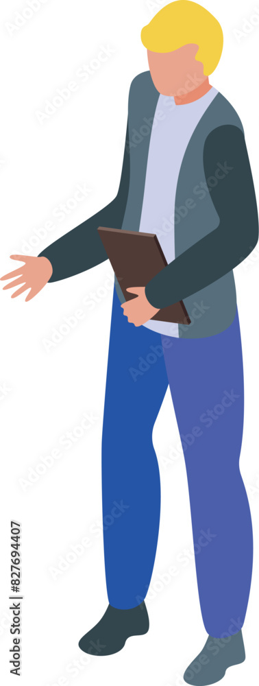 Poster isometric businessman using tablet for professional communication and networking in a modern corpora