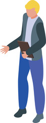 Isometric businessman using tablet for professional communication and networking in a modern corporate office setting, standing and gesturing with colorful digital illustration