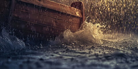 Noah's Ark amidst pouring rain during the flood in sea water with waves and splashes. 